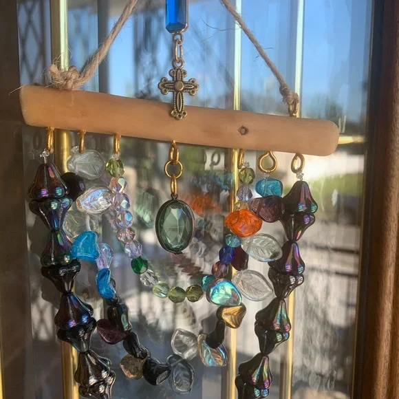 Iridescent Glass Beaded hanging ornament with multicolored Leaf Accents - Picture 9 of 10